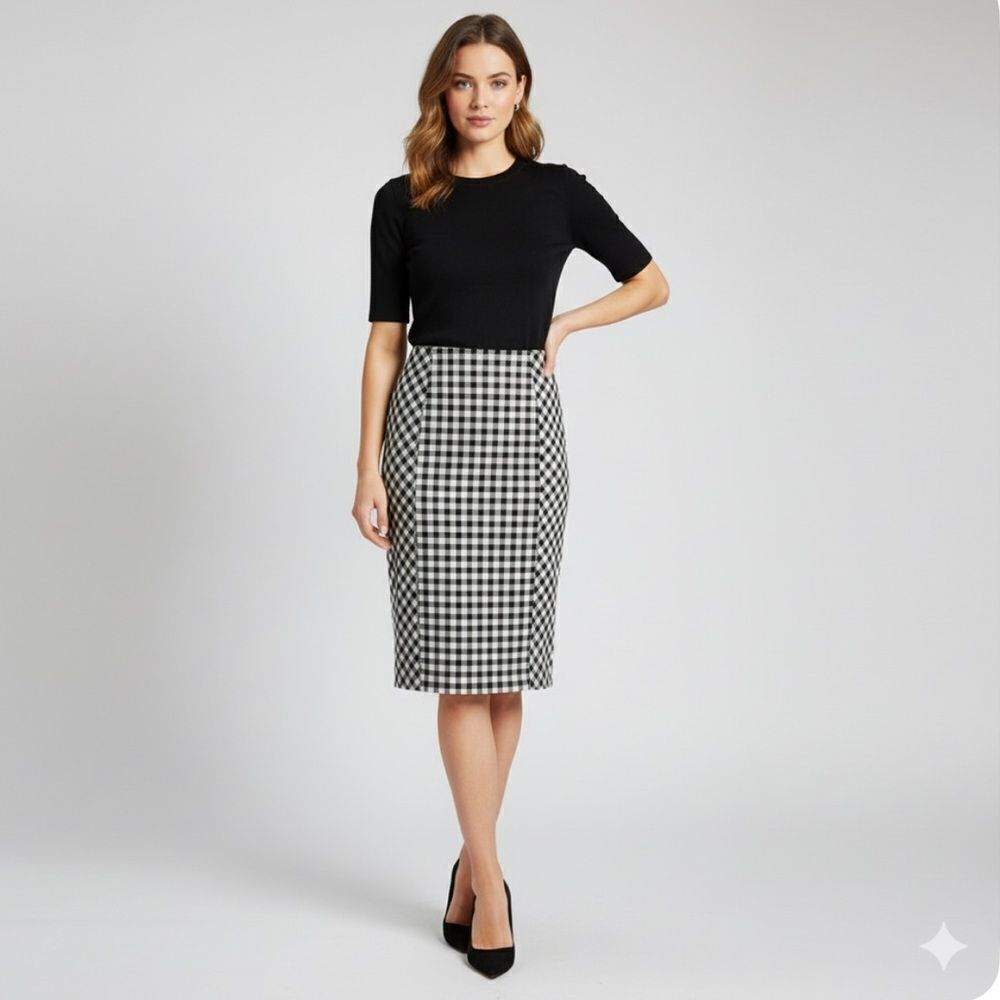 J. Jill Ponte Black and White Gingham Check Pencil Skirt Size Medium Pull on